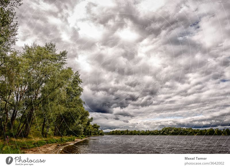 Sommersturm über dem Fluss Hintergrund Schönheit blau hell bulrush Cloud wolkig dunkel Dunkelheit fluten Wald trist Gras grau grün See Landschaft Natur Regen