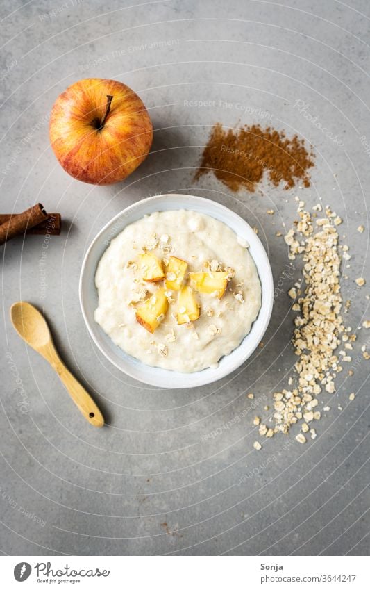 Warmer Haferbrei mit Apfel in einer weißen Schüssel. Zutaten, rustikaler Hintergrund Porridge Frühstück Haferflocken Schalen & Schüsseln Mahlzeit organisch