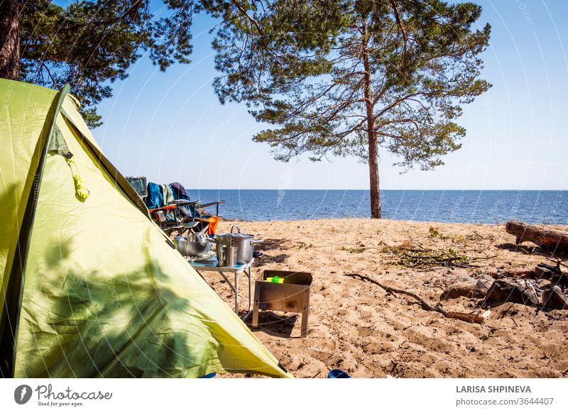 Camping und Zelt am Strandmeer unter dem Kiefernwald am Ufer des Finnischen Meerbusens, St. Petersburg, Russland. Konzept der Outdoor-Aktivitäten, gesunder Lebensstil