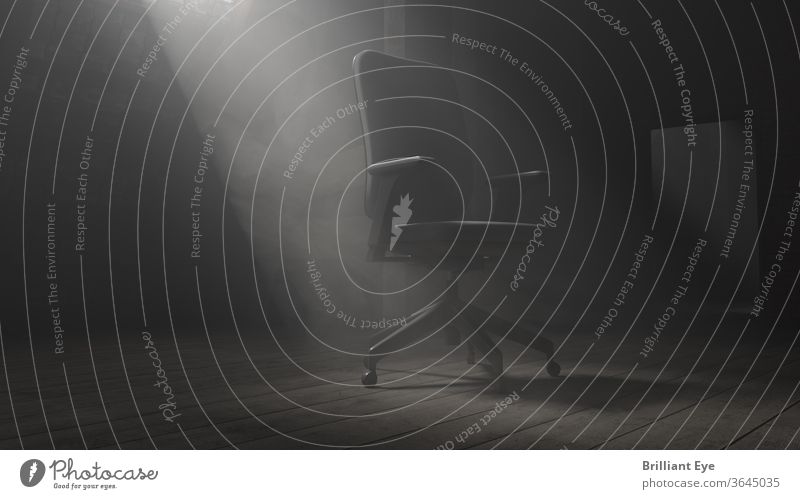 Verlassener Bürostuhl auf dem Dachboden wird vom Lichtstrahl erhellt 3d abstrakt Architektur Strahl Stuhl Konzept gruselig dunkel dramatisch Staubwischen leer