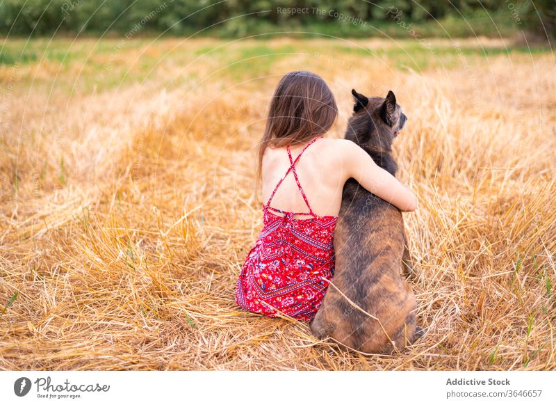 Frau und Hund unter bewölktem Himmel bei Sonnenuntergang Zuneigung Harmonie Bonden Zusammensein Tier sanft Reinrassig Landschaft sich[Akk] entspannen ruhig