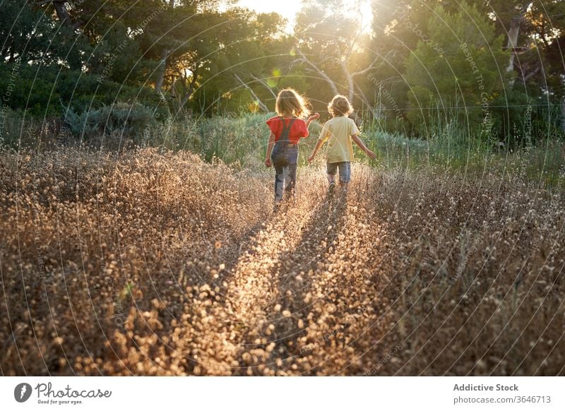 Zehnjähriger Junge und Mädchen gehen auf dem Land aktiver Lebensstil zwischen Zwei Personen Schwester Ruhe Lächeln Sitzen Kinder Sonnenlicht Landschaft Tag