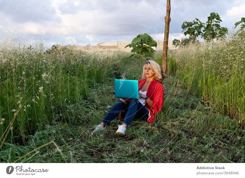 Fokussierte Frau arbeitet am Laptop auf der Wiese benutzend Atemschutzgerät Gras modern Landschaft Natur Windstille Baum tragbar grasbewachsen Rasen lässig