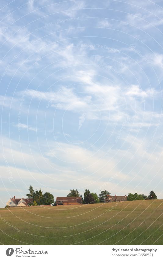 Weiche Sommerwolken schweben über einer Wiese, Bäumen und Landhäusern. Wolken Wolkenlandschaft Landschaft blau Himmel ländlich drei Häuser Porträt wispy sanft