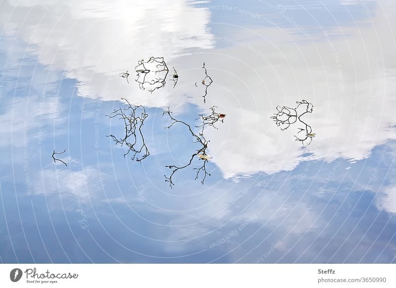 wie oben, so unten Wasserspiegelung Himmel Stille Wolkenlandschaft beruhigend besonders verwirrend meditativ blauer Himmel graphisch Himmelblau