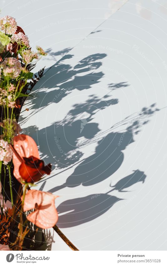 schöne natürliche Blumen mit einem Schatten auf weißem Hintergrund, Ferienkarte, es gibt einen Platz für Text Blumenstrauß Natur rot Pflanze grün Roséwein gelb