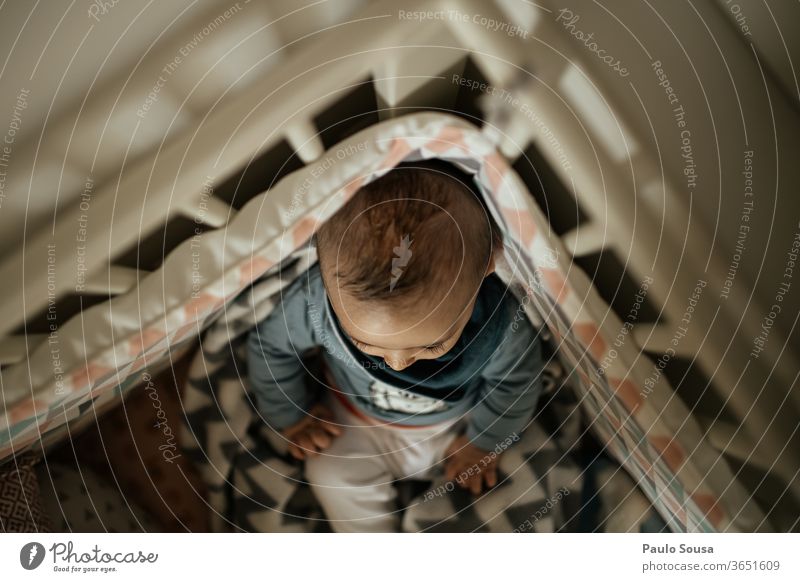 Baby auf dem Kinderbett Babybett Blick von oben Vogelperspektive Bett Schlafzimmer Möbel zu Hause heimwärts Innenaufnahme niedlich Kindheit Glück klein