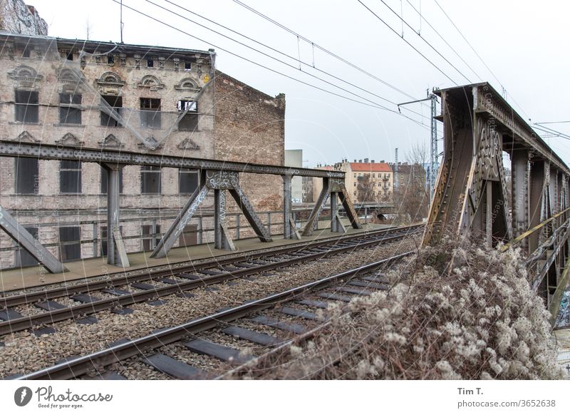 Wohnen an der Bahn Berlin Lichtenberg Gleise Brücke Haus Gebäude Stadt Architektur Fassade Fenster Menschenleer Hauptstadt Bauwerk Altstadt Altbau Farbfoto