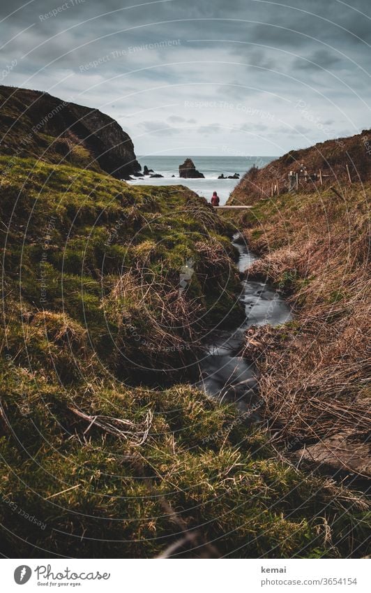 Mensch sitzt auf einer Holzbrücke in einer Bucht am Meer Wales Küste Bach sitzen einsam alleine Himmel Wolken Horizont warten Jacke Gras Felsen Hügel