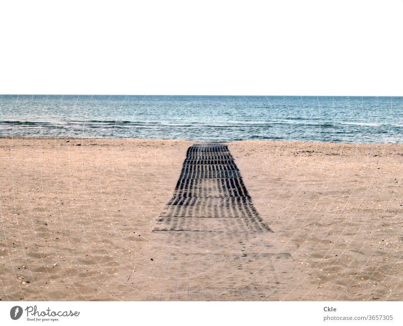 Holzweg Strand Meer Sand Wellen Dünung Einsamkeit Corona Wasser Küste Himmel Ferien & Urlaub & Reisen Menschenleer Außenaufnahme Sommer Erholung Farbfoto