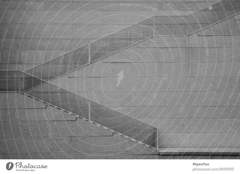Schräge, gleichmäßig gestuft Treppe Treppengeländer Geländer Architektur Menschenleer abwärts aufwärts aufsteigen Abstieg Maurer Wand Schwarzweißfoto Stadthaus