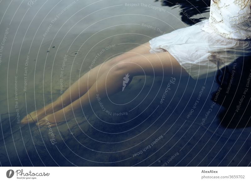 Nahes Portrait einer jungen Frau die in einem weißen Kleid in einem See sitzt Reinheit Schönes Wetter Nahaufnahme feminin Tag Farbfoto Identität Außenaufnahme