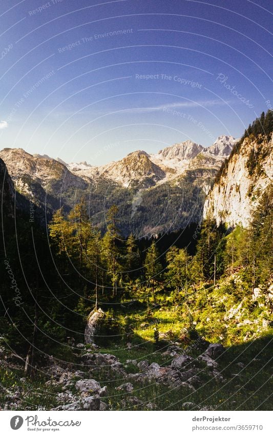 Wandern im Nationalpark Berchtesgarden Weitwinkel Panorama (Aussicht) Totale Zentralperspektive Starke Tiefenschärfe Sonnenaufgang Sonnenlicht Lichterscheinung