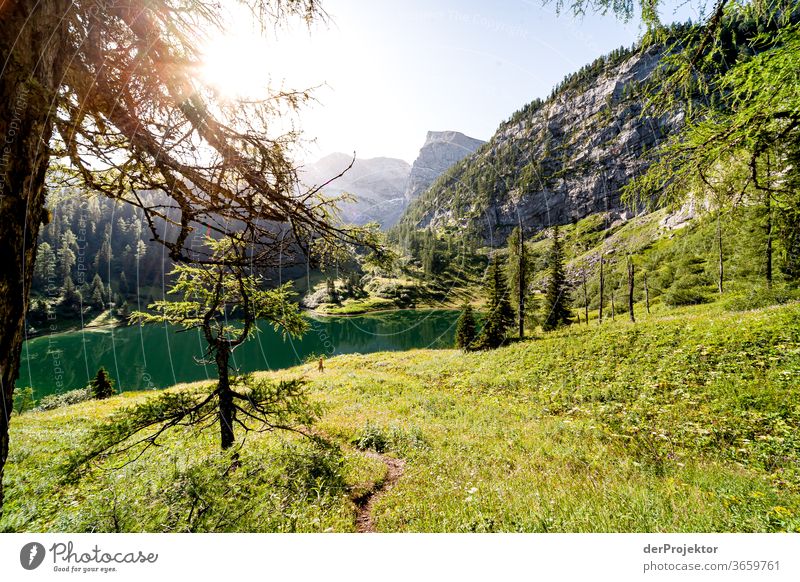 Sonnige Aussicht am Grünsee Weitwinkel Panorama (Aussicht) Totale Zentralperspektive Starke Tiefenschärfe Sonnenaufgang Sonnenlicht Lichterscheinung Kontrast