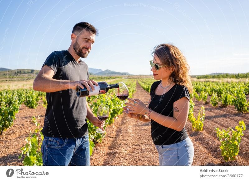 Positive Freunde degustieren Rotwein auf Plantage Schonung Geschmack Weinberg Weinbau Inhalt positiv Weinherstellung Alkohol Inszenierung Arbeitsbereich weinig