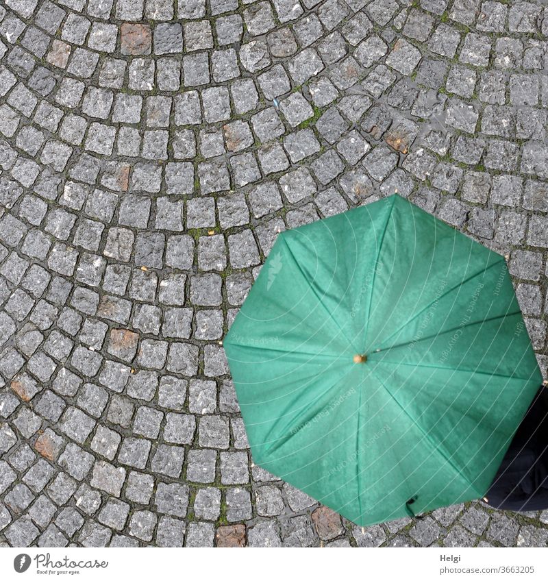 rainy day - grüner Regenschirm mit Mensch darunter auf grauen Pflastersteinen aus der Vogelperspektive Regentag Straße Außenaufnahme Farbfoto Wetter