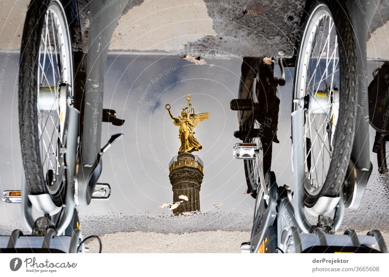 Siegessäule in einer Pfützenspiegelung mit Fahrrädern Stadtzentrum Menschenleer Sehenswürdigkeit Wahrzeichen Denkmal Gold Statue Farbfoto Außenaufnahme