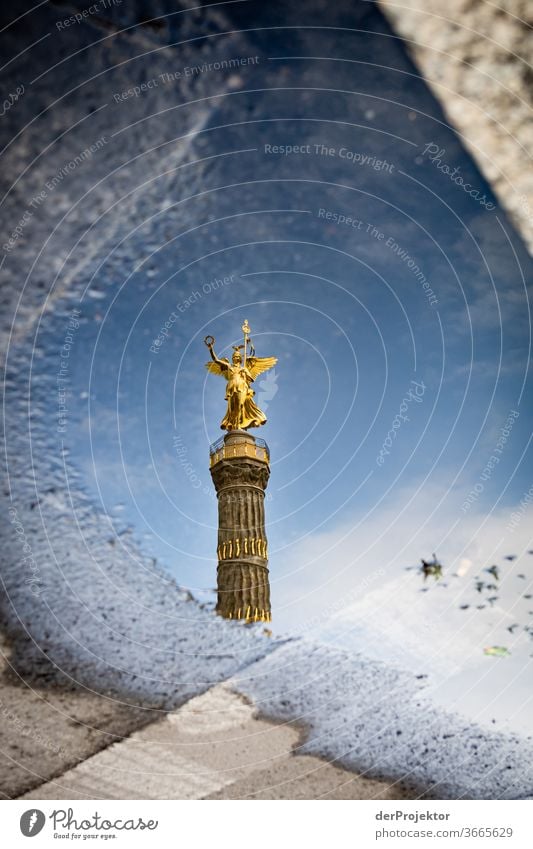 Siegessäule in einer Pfützenspiegelung mit Asphalt Stadtzentrum Menschenleer Sehenswürdigkeit Wahrzeichen Denkmal Gold Statue Farbfoto Außenaufnahme