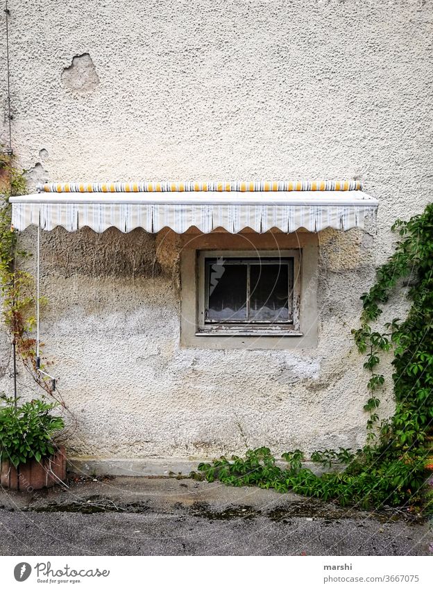 schattiges Plätzchen haus alt urig markise fenster hausfassage hotel efeu abgewohnt urban stadt landleben runtergekommen kaputt Fassade