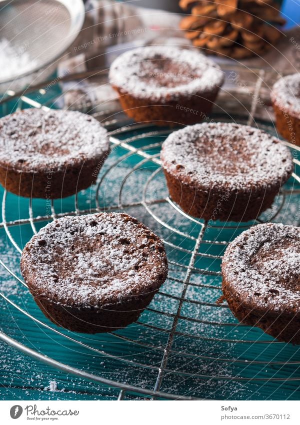 Wintermuffins aus Schokolade mit Puderzucker Weihnachten Muffin Kakao chokecherry Kuchen Zuckerguß Lebensmittel Leckerbissen backen Koch Rezept Frühstück