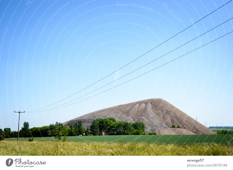 Mansfelder Revier | Landschaft mit Abraumhalde und einer diagonal durch den Bildvordergrund verlaufenden Freileitung Mansfelder Land Bergbau Kupferbergbau