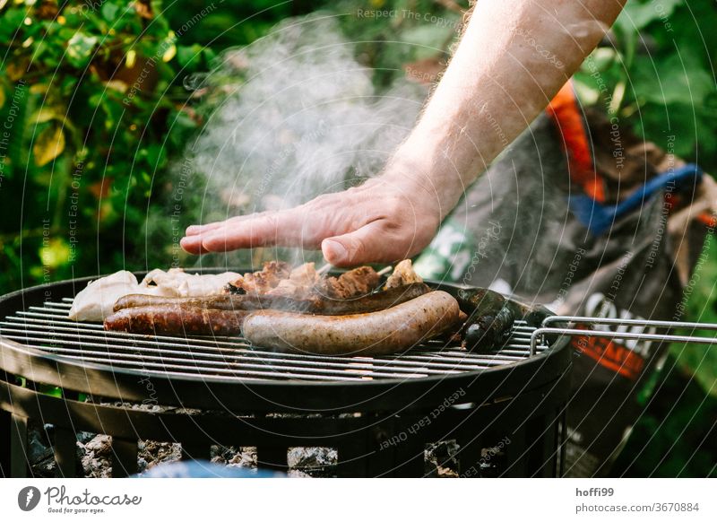 der kleine Temperaturcheck beim Grillen - es wird ... Hand holzkohlegrill Würstchen Grillgut grillfleisch Ernährung Fleisch Grillrost Außenaufnahme Wurstwaren