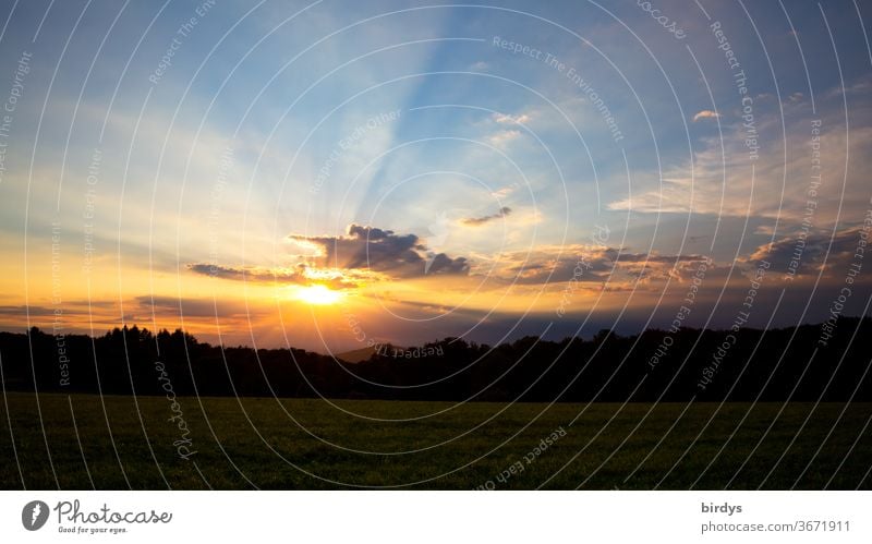 Sonnenstrahlen der untergehenden Sonne durchdringen Wolken am Abendhimmel, Landschaft mit Wiese und Wald Sonnenuntergang Natur Wälder Wiesen Sonnenlicht