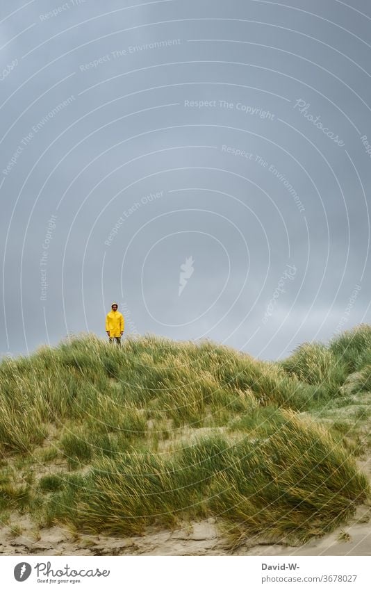 Mann in gelber Regenjacke steht in den Dünen bereit für das gleich eintreffende Unwetter Friesennerz Deich Gewitter nass Regenschauer Urlaub Urlauber Herbst