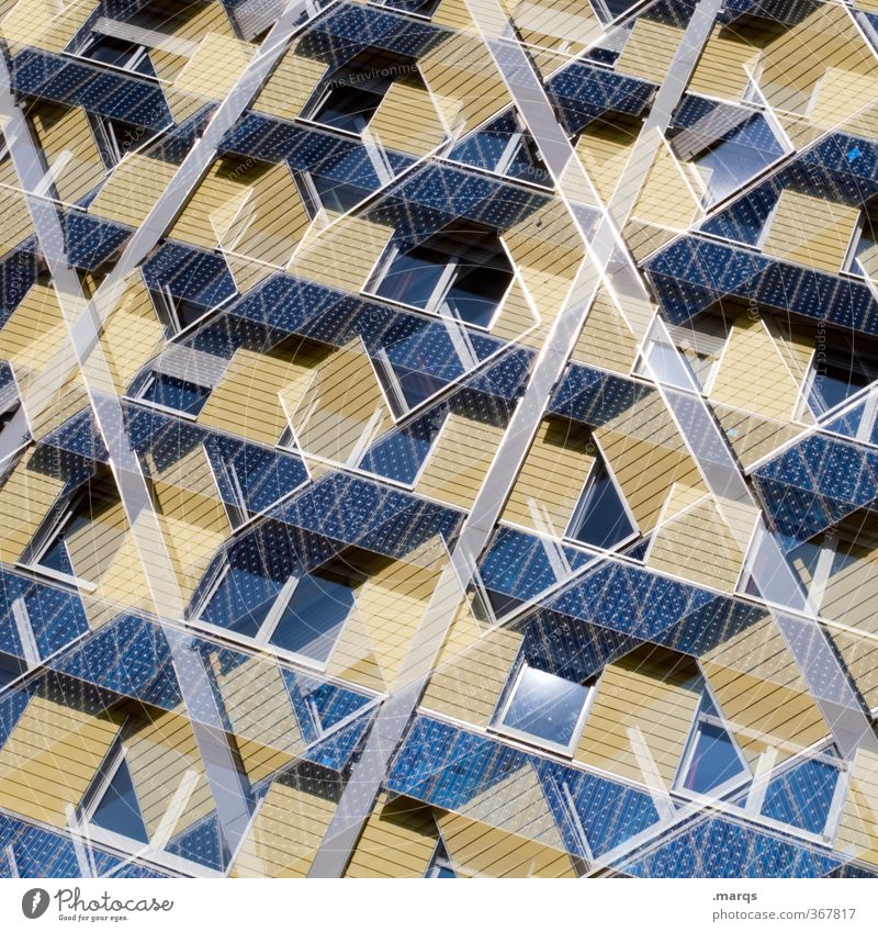 Fassade Stil Design Haus Energiewirtschaft Sonnenenergie Umwelt Fenster außergewöhnlich modern nachhaltig blau gelb Perspektive Umweltschutz Häusliches Leben