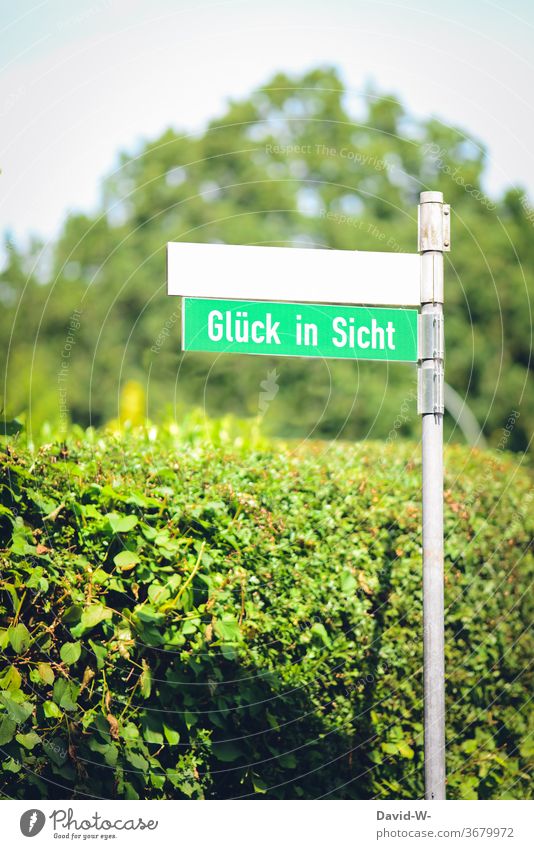 Straßenschild mit dem Aufdruck - Glück in Sicht Glück in sicht Zukunftsorientiert Positiv Wegweiser Ziel erreichen greifbar Wege & Pfade Erreichen Erfolg