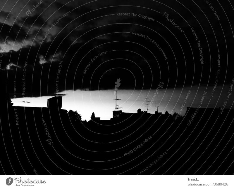 Es wurde Nacht, und auf den Dächern streckten die Antennen ihre dürren Arme zum letzten Licht. Stadt Dach Schornstein Himmel Gebäude Haus Sommer Abend