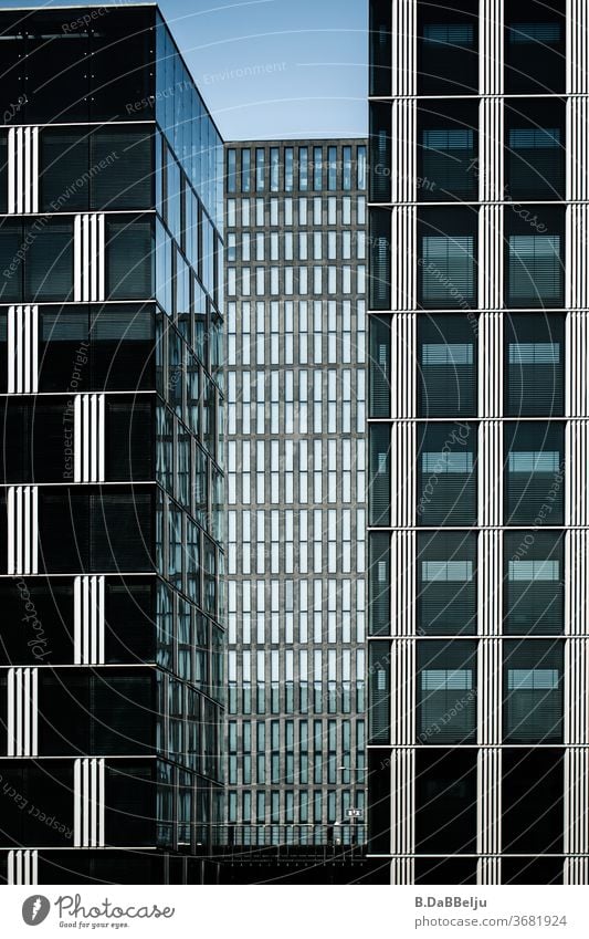 Parallelität von Stahl, Beton und Glas. Hochhäuser stehen dicht an dicht und für den Himmel  bleibt nur wenig Raum. Hochhaus Turm Gebäude Stadt Außenaufnahme