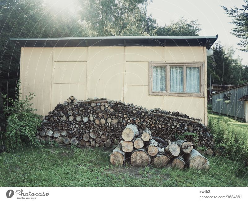 Vor der Datsche Hütte Gebäude Wand Fassade Holz alt eckig einfach fest Verlässlichkeit standhaft Technik & Technologie Stapel Farbfoto Gedeckte Farben