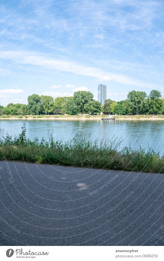 Blick nach Mannheim, Rheinpromenade Himmel Hochhaus Wasser Wolken Menschenleer Außenaufnahme Stadt Fluss Flussufer Farbfoto Textfreiraum oben Textfreiraum unten