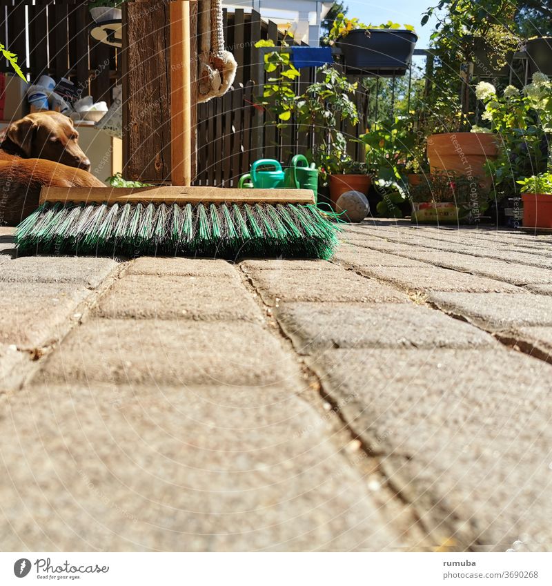 Besen auf Terrasse, Steinboden Menschenleer Sauberkeit Kehren Detailaufnahme Farbfoto Borsten Reinigen Häusliches Leben Textfreiraum unten Tag Arbeitsgeräte