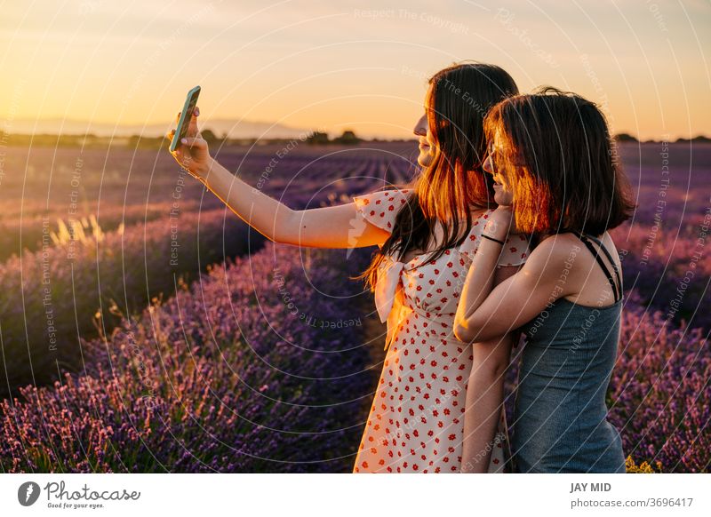 Zwei Freunde fotografieren mit ihrem Handy in einem Feld mit blühenden Lavendeln Frau... zwei Feiertag Fotos machen Telefon Selfie Sommer Urlaub Blüte genießen