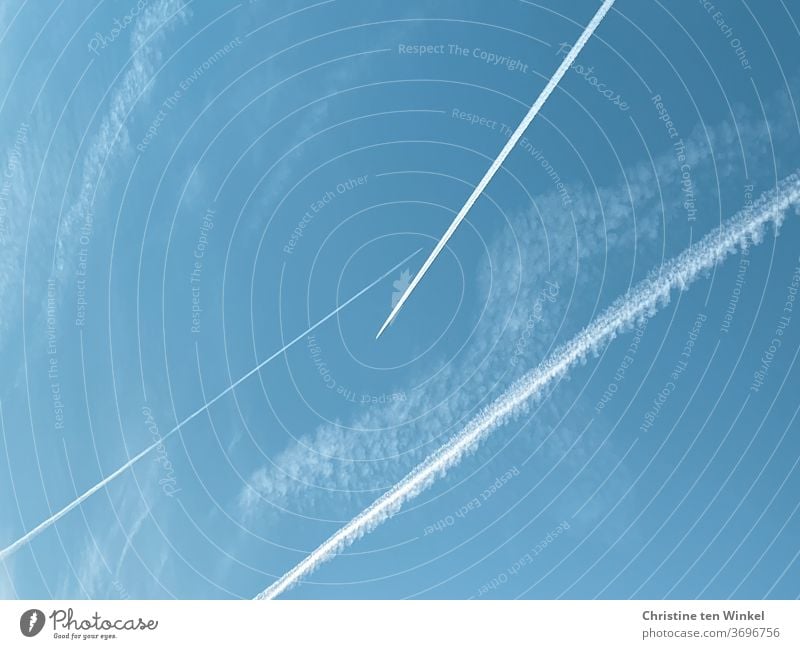 Abstand halten ... Es wird eng am Himmel... Kondensstreifen... himmelblau Flugzeug Luftverkehr Ferien & Urlaub & Reisen Fernweh Tourismus fliegen