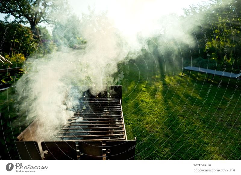 Grill mit Rauch brennen erholung ferien feuer garten gras grill grillen himmel kleingarten kleingartenkolonie menschenleer natur rasen rauch ruhe schrebergarten