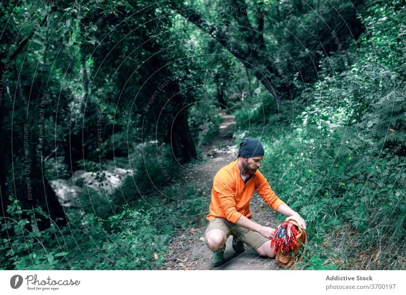 Reisender mit Rucksack im Wald reisen Urlaub Mann Wälder Vollbart Nachlauf grün Tourist männlich Windstille Tourismus Ausflug Sommer Feiertag