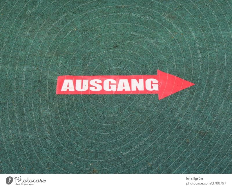 Roter Pfeil mit dem Wort „AUSGANG“ in weißer Schrift auf grünem Teppich Ausgang Schilder & Markierungen Hinweisschild Zeichen Richtung Wegweiser Orientierung