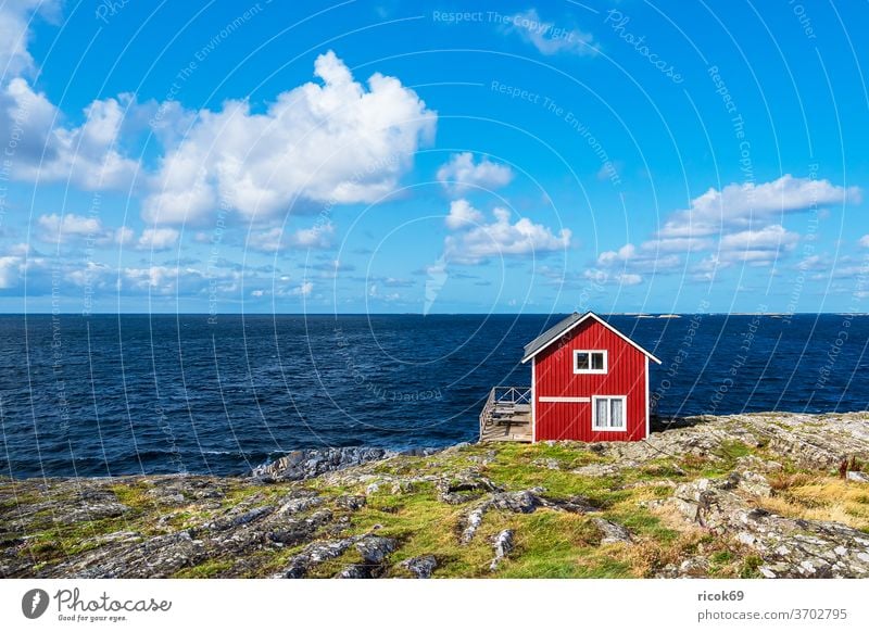 Rote Holzhütte auf der Insel Åstol in Schweden Astol Västra Götalands län Bohuslän Schären Schärengarten Meer Küste Nordsee Skagerrak Wasser Holzhaus