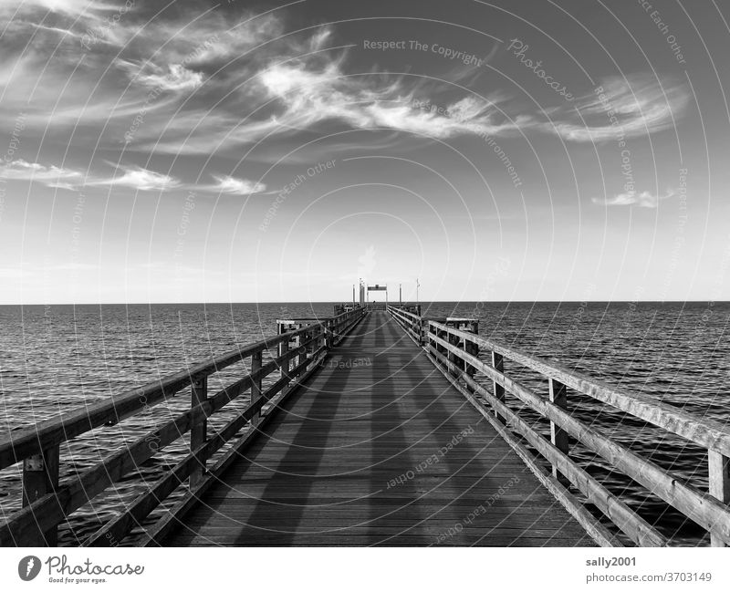 Brücke in die See... Seebrücke Heiligendamm Ostsee Steg Federwolken Meer Schwarzweißfoto Symmetrie Geländer Holzsteg Holzgeländer Hafen schönes Wetter