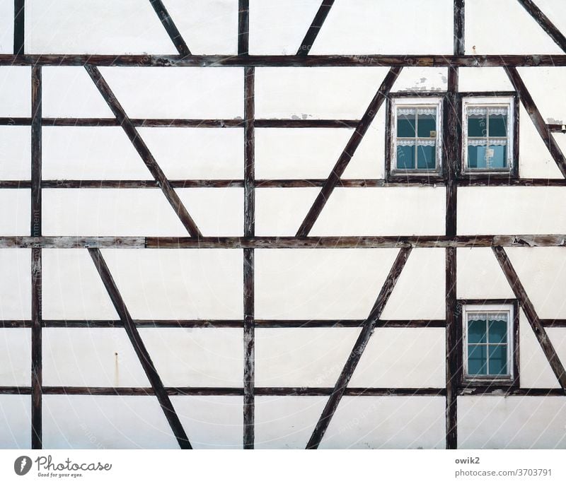 Setzkasten Fachwerk Fachwerkhaus Fachwerkfassade Balken Stützen Fenster Linien Flächen Geometrie komplex Zusammenhalt Außenaufnahme Haus Menschenleer Farbfoto