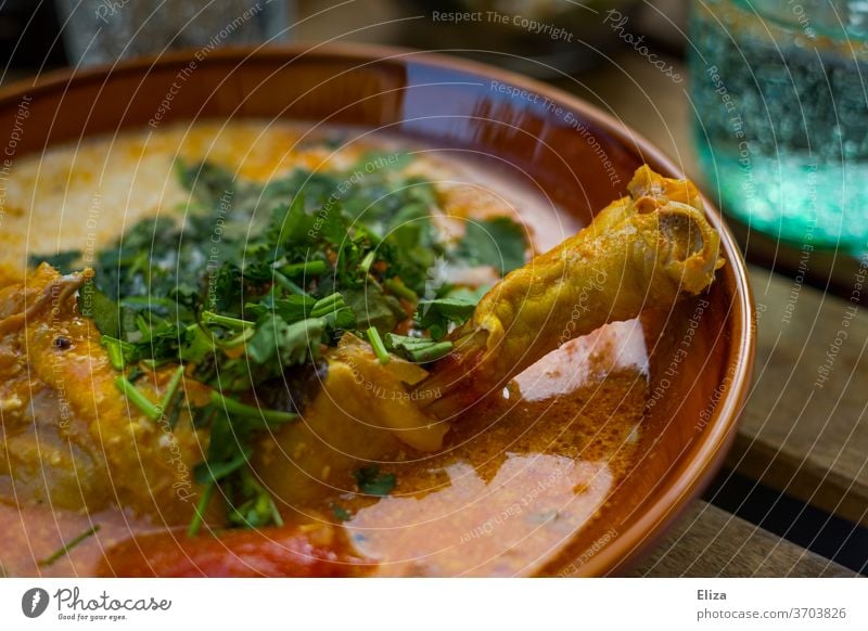 Indisches Curry mit einem Hühnerschenkel und viel Koriander indisch Essen Hühnchen Hühnchenschenkel Teller Fleisch Kräuter & Gewürze lecker Mahlzeit Ernährung