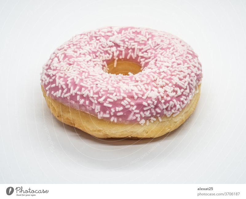 Rosa Donuts mit weißen Streuseln isoliert Hintergrund Bäckerei Frühstück Kuchen Kalorien kreisen farbenfroh lecker Dessert Teigwaren Doughnut essen Fett