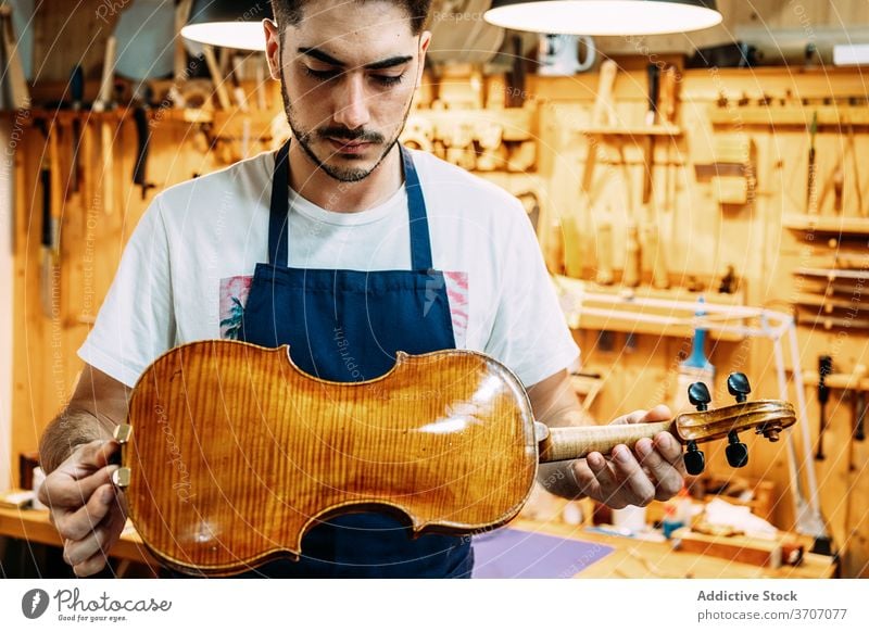 Männlicher Meister in Werkstatt mit Geigen Mann Mechaniker Instrument Musik Kunsthandwerker Hobelbank Schürze männlich glänzend Handwerk Arbeit Gerät modern