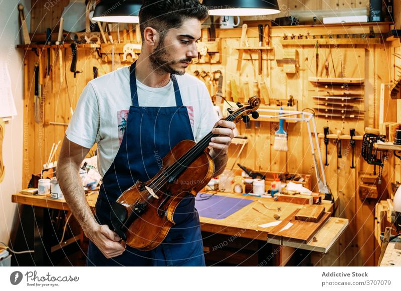 Männlicher Meister in Werkstatt mit Geigen Mann Mechaniker Instrument Musik Kunsthandwerker Hobelbank Schürze männlich glänzend Handwerk Arbeit Gerät modern