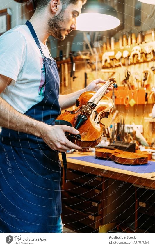 Männlicher Meister in Werkstatt mit Geigen Mann Mechaniker Instrument Musik Kunsthandwerker Hobelbank Schürze männlich glänzend Handwerk Arbeit Gerät modern