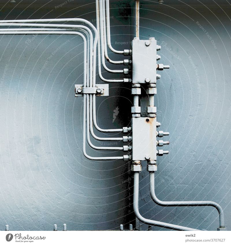 Verknüpft Technik & Technologie Metall Kontakt komplex Farbfoto Menschenleer Textfreiraum links Versorgung funktionieren Arbeitsgeräte fest alt Stecker Kabel