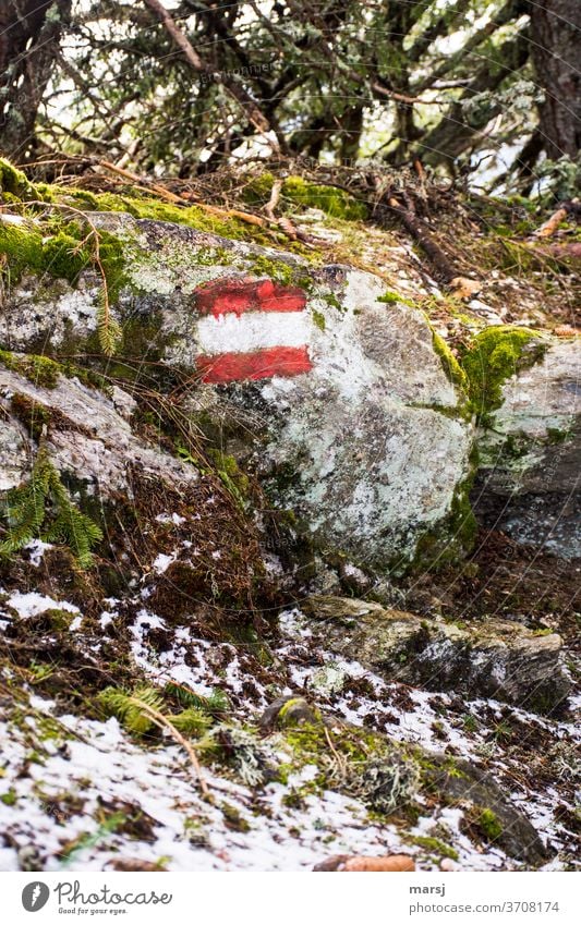 Wanderweg-Markierung in rot-weiß-rot auf Felsen Wandermarkierung Ausflug Schilder & Markierungen Wegweiser wandern Ferien & Urlaub & Reisen Berge u. Gebirge